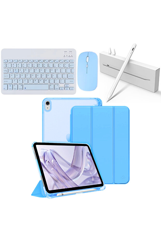 Apple iPad 10.NESİL 10.9 ve 11. NESİL A16 Uyumlu Flip Kılıf Mavi + Bluetoothlu Klavye Mouse + Kalem - 2