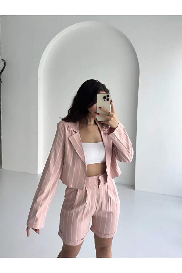 Çizgili keten şort takım - 1