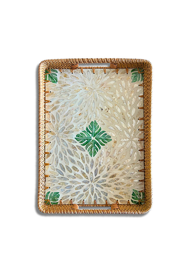 Green & White Design Mother of Pearl Coated Rattan Rectangular Tray