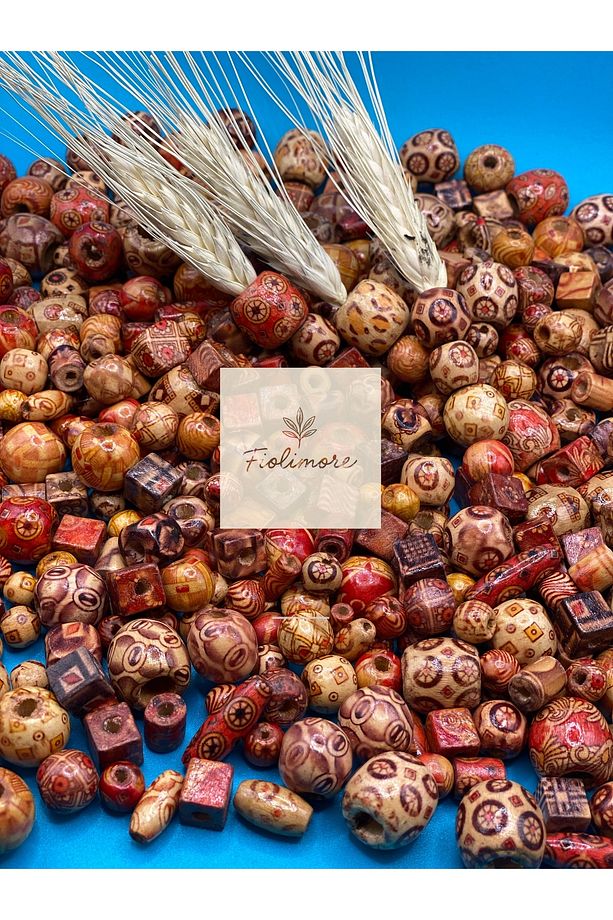 Ahşap Boncuk (50 Gram 70-80 Adet) Farklı Desen-Farklı Ölçü-Karışık-Tahta-Aksesuar-Renkli-Çeşit - 5