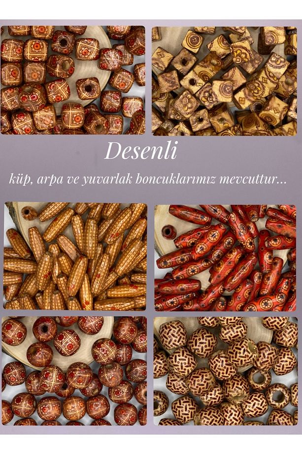 Ahşap Boncuk (50 Gram 70-80 Adet) Farklı Desen-Farklı Ölçü-Karışık-Tahta-Aksesuar-Renkli-Çeşit - 6