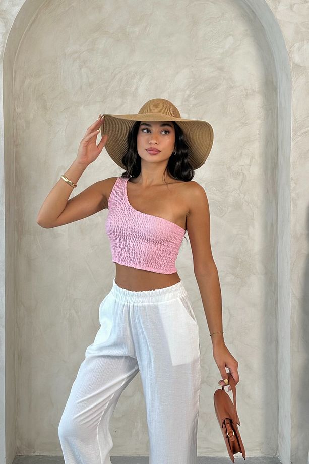 Bürümcük Kumaş Gipe Detaylı Tek Omuz Crop / Bluz - 3