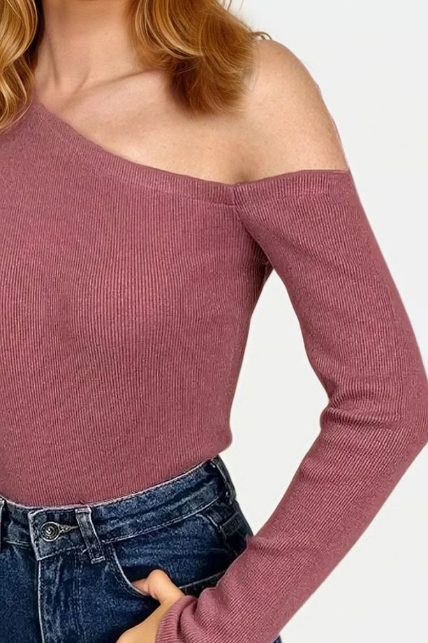 Kadın Gül Kurusu Kayık Yaka Tek Omuzu Açık Kaşkorse Bluz PRMX13068 - 3