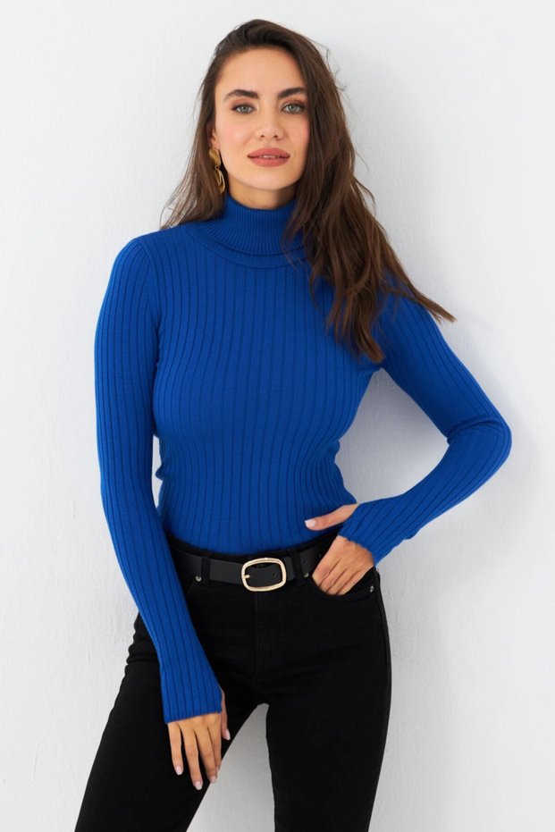Women's Cobalt Blue Turtleneck Knitwear Blouse Yv102-90