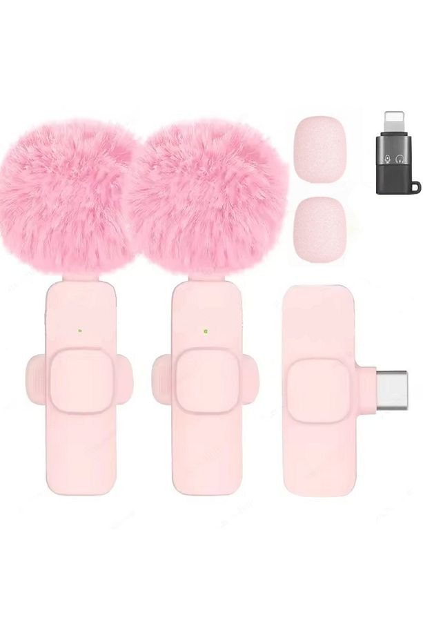 Kablosuz Tüylü Pembe Yaka Mikrofonu Type-C ve Apple Girişli 2’li Set Bluetooth 5.0 - 1