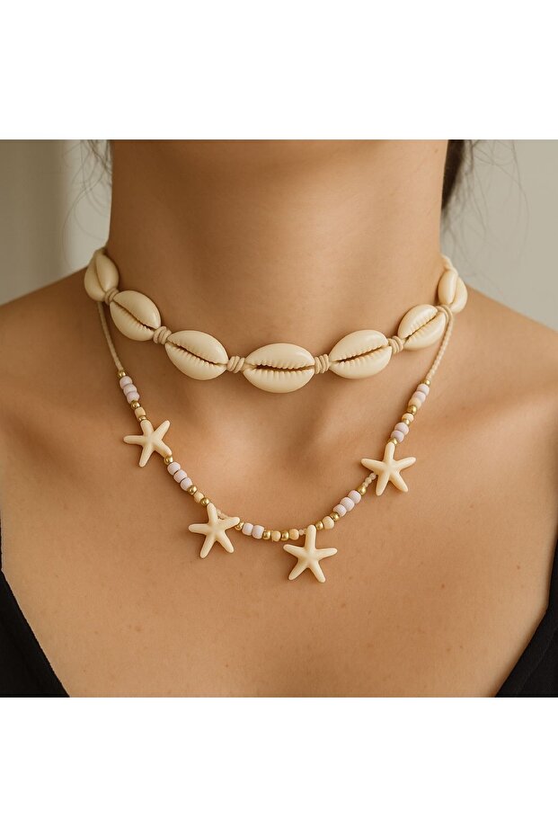 Set of 2 Sea Shell Gold Detailed Sand Bead Boho Necklaces