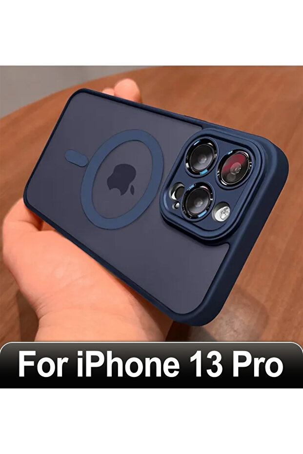 جراب شحن لاسلكي مغناطيسي مقاوم للصدمات صلب لهاتف iPhone 13 Pro أزرق داكن غير لامع
