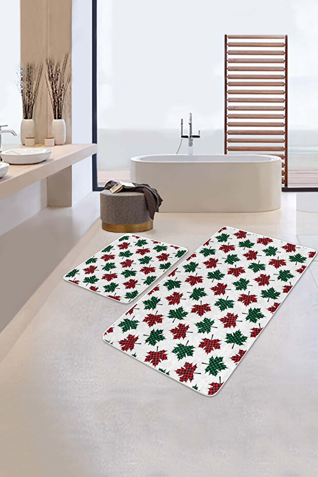 Plaid Red-Green Leaf Patterned 2-Piece Non-Slip Base Washable Bath Mat Set