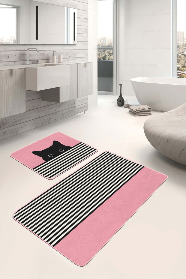 Pink 2-Piece Non-Slip Sole Washable Bath Mat Set with Cat Figure Black-White Stripes