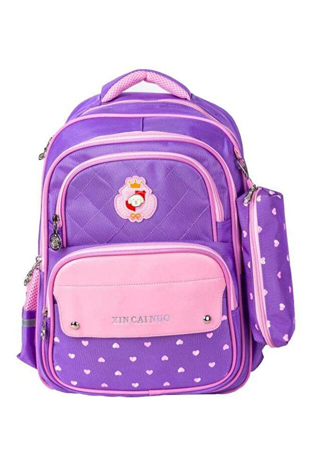 حقيبة ظهر مدرسية من البوليستر باللون الأرجواني/الوردي - 1