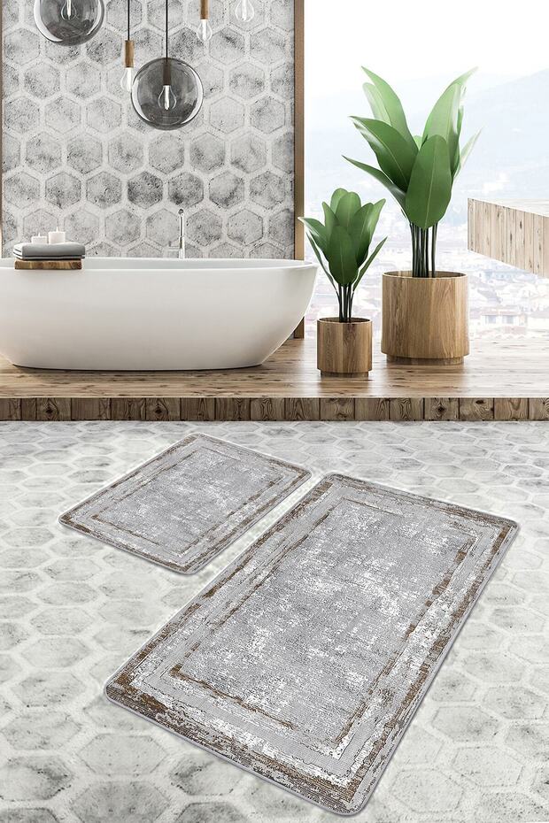 Classic 2-Piece Bathroom & Kitchen Mat Set with Antique Motif and Antique Motif on Gray - Brown Floor