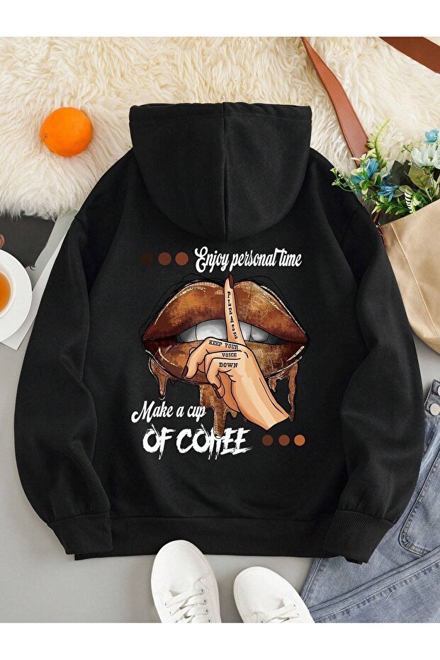 Of Coffee Lips Sweatshirt - Black Printed Oversize Thick Winter Hoodie