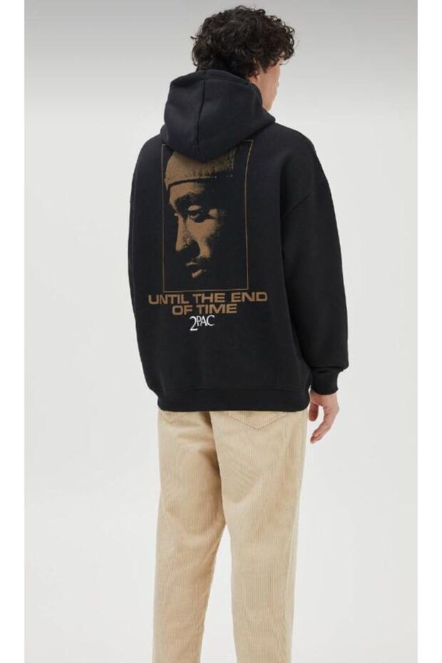 Tupac Baskılı Oversize Kapüşonlu Sweatshirt. - 1