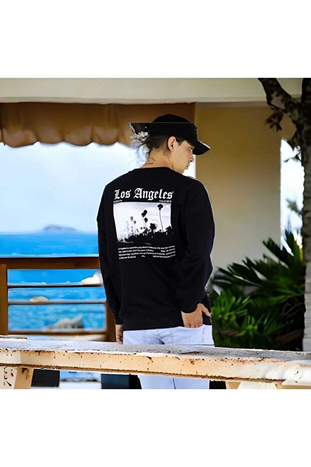 Sweatshirt Unisex Black Los Angeles Printed Oversize Sweatshirt