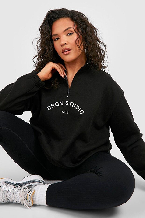 Dsgn Studio 06 - سويت شيرت أسود مطبوع كبير الحجم، شتوي سميك