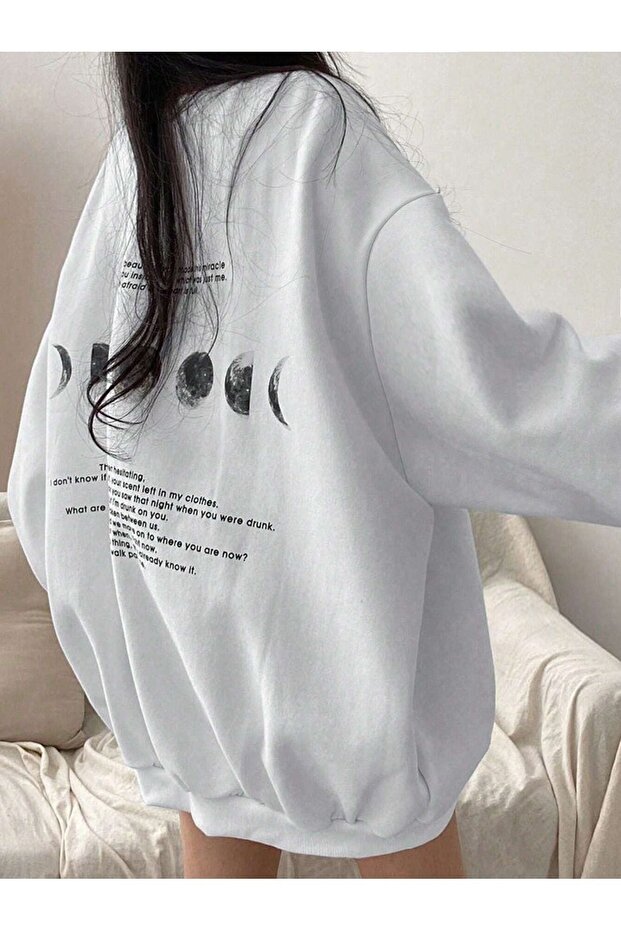 Moon Phases Afraid Winter Thick Sweatshirt - White Printed Oversize Thick Winter Crew Neck