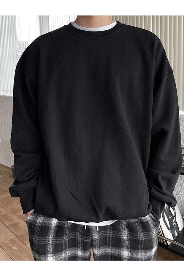 Erkek Siyah Basic Oversize Sweatshirt - 2