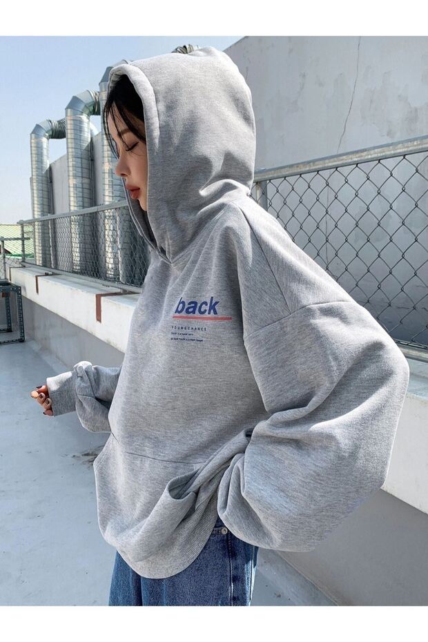 Back Sweatshirt - Gray Printed Oversize Hoodie