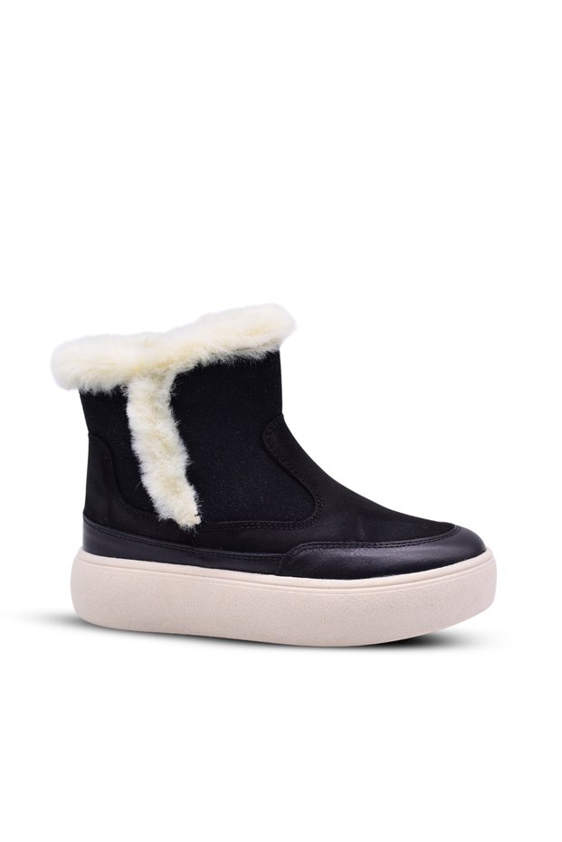 Pamela Girl's Genuine Leather Fur Detailed Zippered Black Color Boots