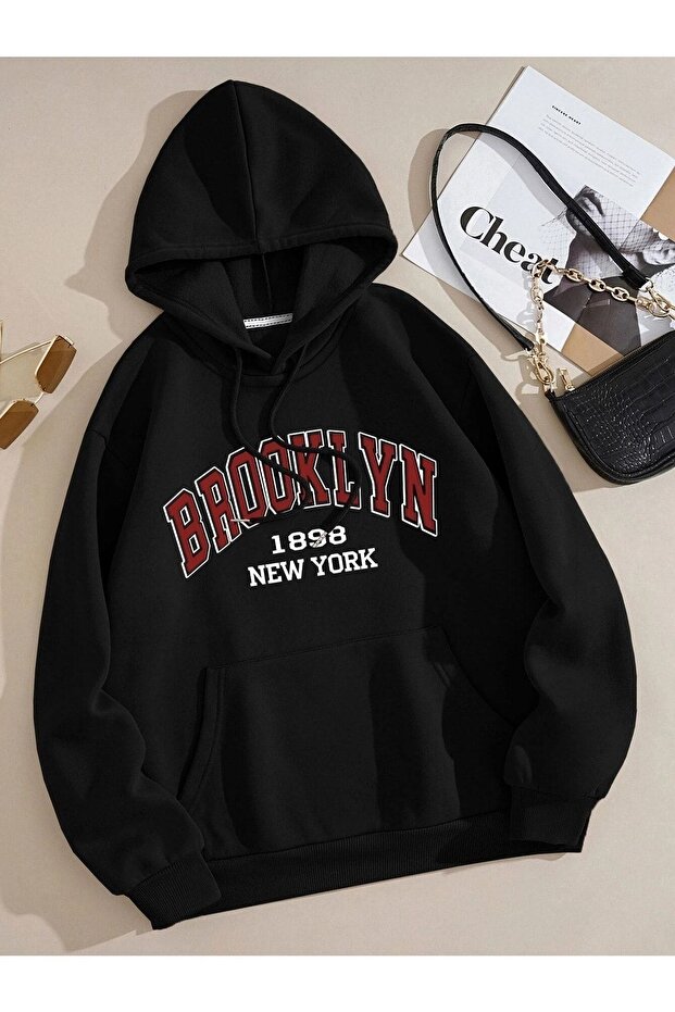 Brooklyn New York Sweatshirt - Black Printed Oversize Hoodie