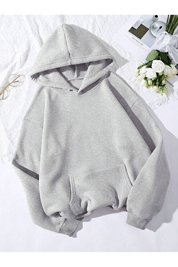 Düz Basic Sweatshirt - Gri Oversize Kapüşonlu - 1