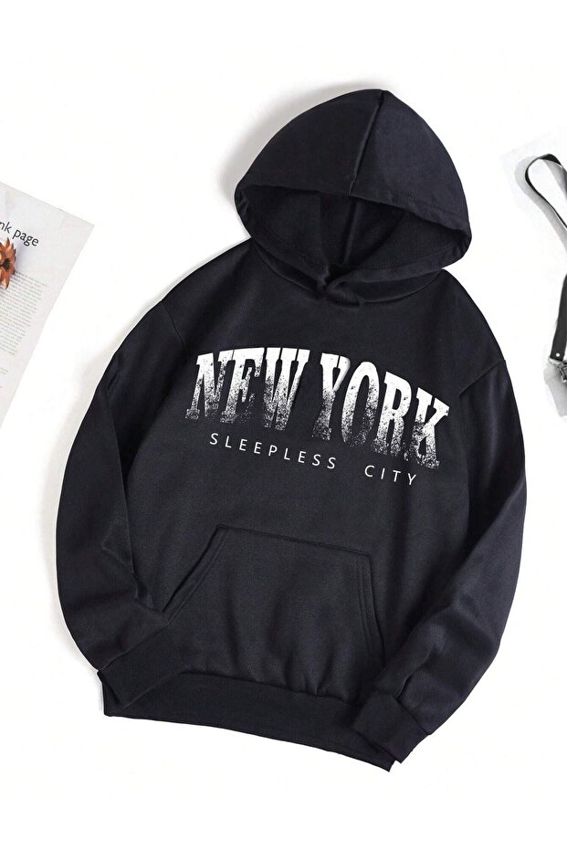 New York Sleepless Sweatshirt - Black Printed Oversize Hoodie