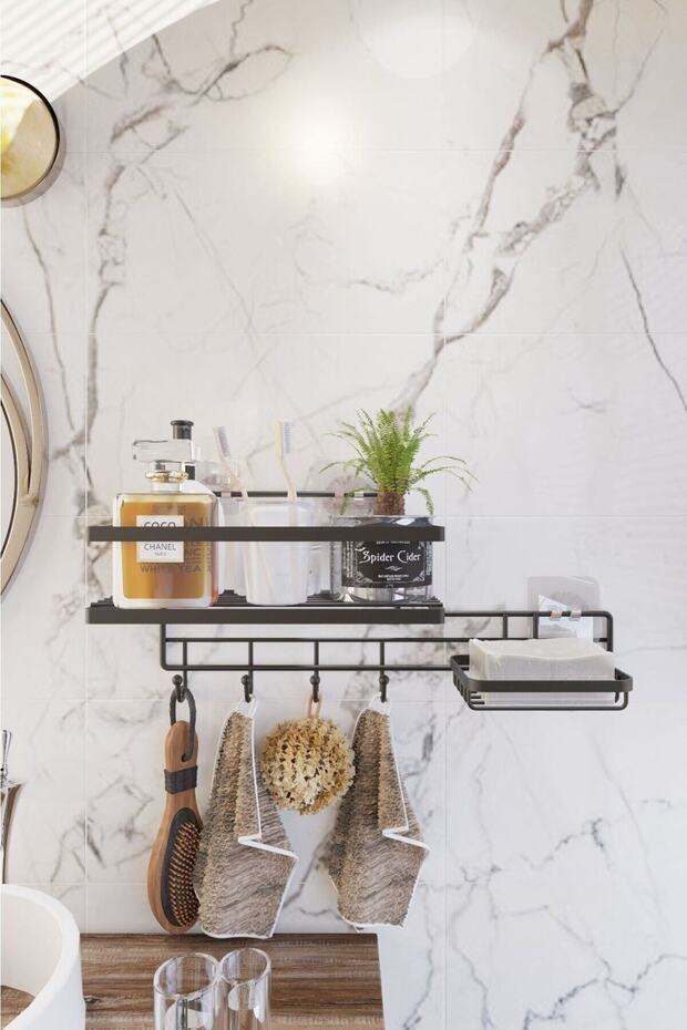 Kancalı Yapışkanlı Banyo Rafı ve Sabunluk Seti - Askılı Banyo Organizer - 4