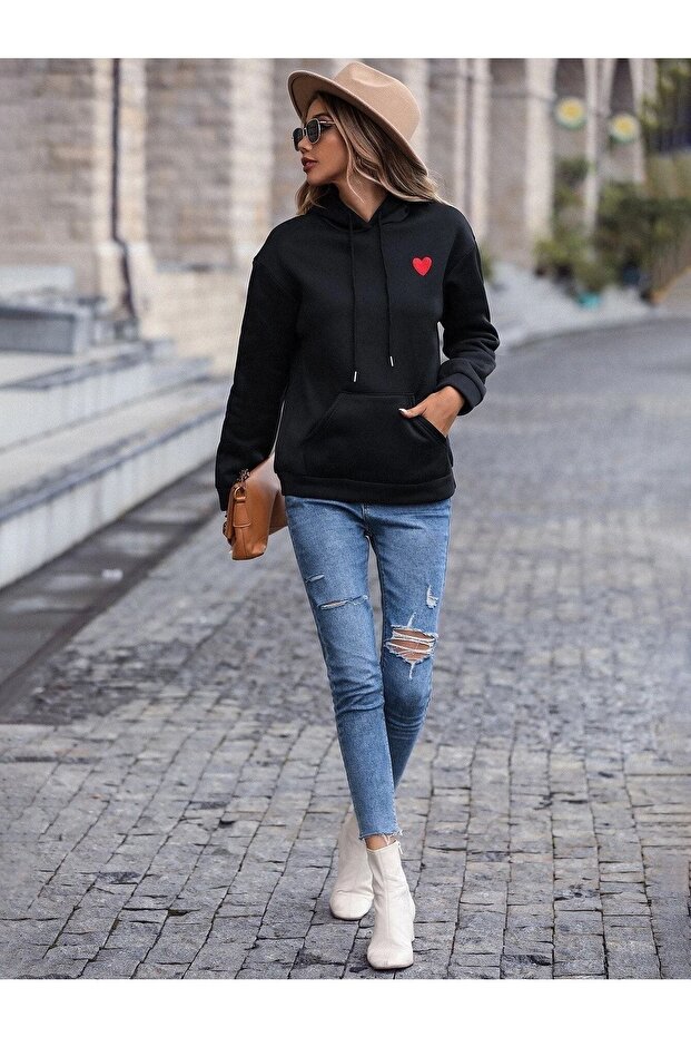 Minimal Kalp Desen Sweatshirt - Siyah Baskılı Oversize Kapüşonlu - 5