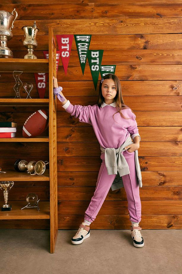 Kız Çocuk Lila Relax Fit Bisiklet Yaka Pamuklu Basic Düz Okul Sweatshirt A2797A824AU - 2