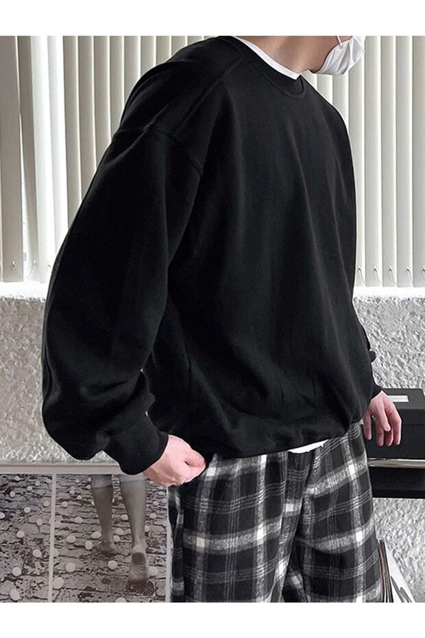 Erkek Siyah Basic Oversize Sweatshirt - 1