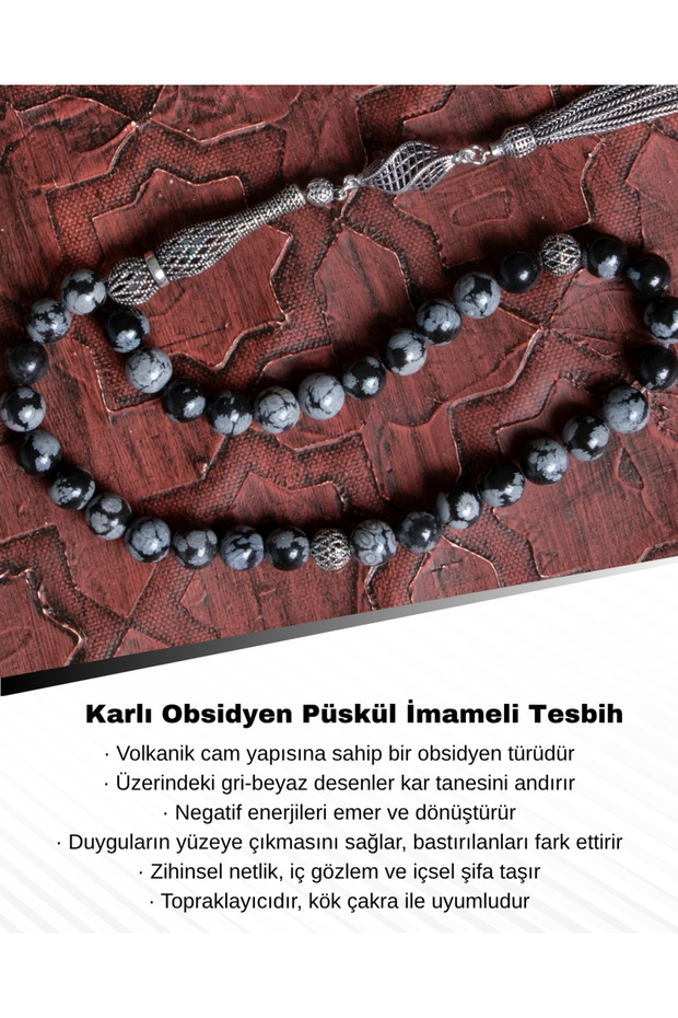 Certified Snowy Obsidian Tasbih with Tassels
