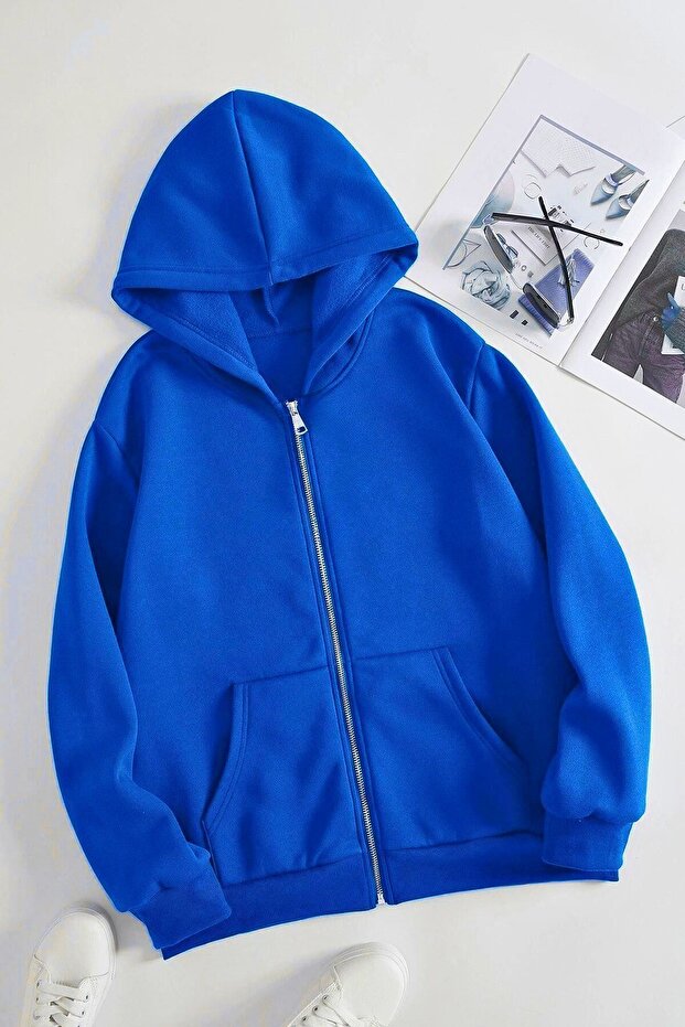 Unprinted Zip-Up Cardigan Sweatshirt - Cobalt Blue Oversize Winter Thick Hood