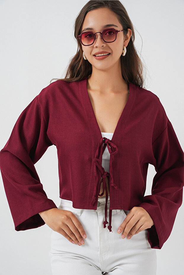 Linen Kimono with Tie Front 960 - Claret Red