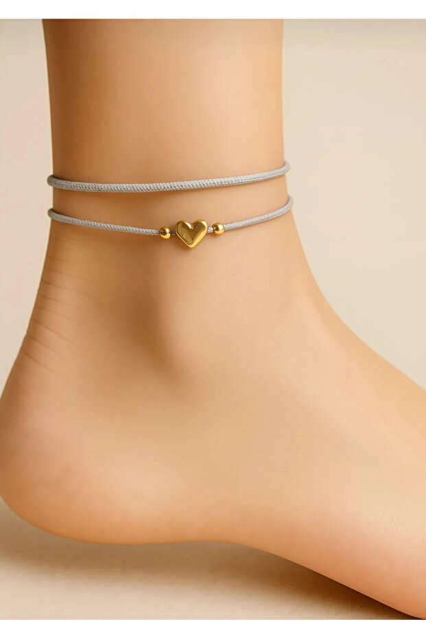 2-Pack Gold Heart-Shaped Gray Rope Lucky Anklet - Does Not Tarnish