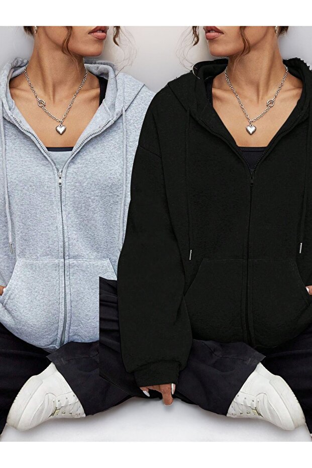 2-Piece Unprinted Zippered Cardigan Sweatshirt - Black Gray Oversize Winter Thick Hood
