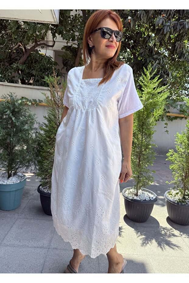Square Collar Brode Dress White