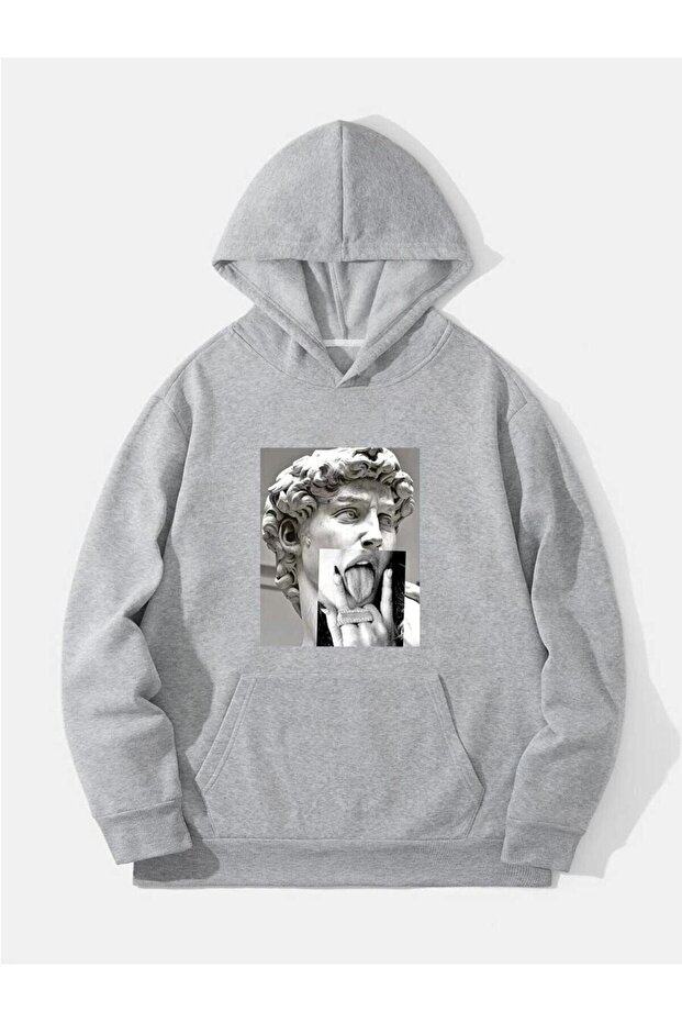 Gray Oversize Hooded Sculpture Hand Sweatshirt - Printed