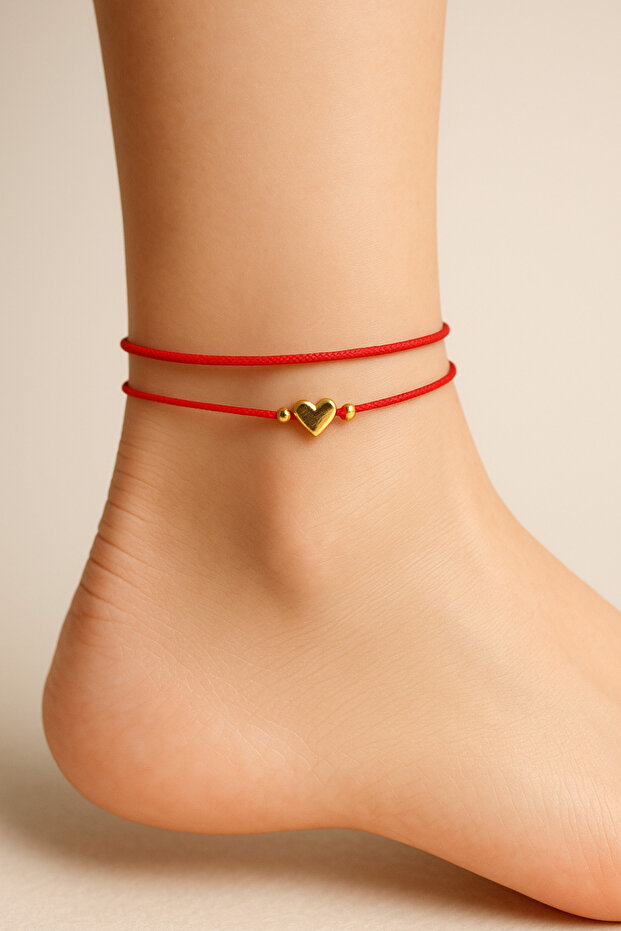 2-Pack Gold Heart-Shaped Red Rope Lucky Anklets - Does Not Tarnish