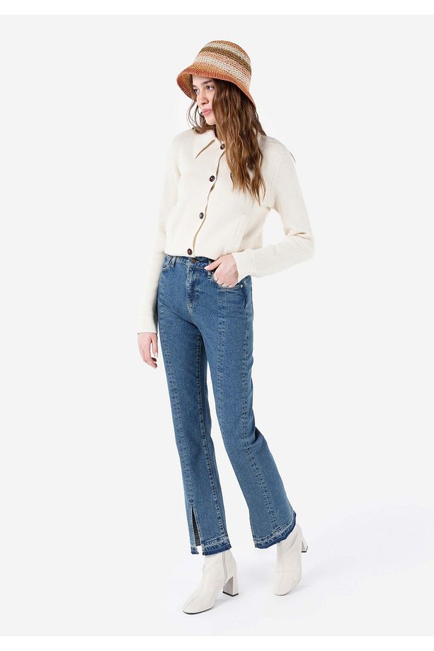 Regular Fit Yüksek Bel Yırtmaçlı Paça Kadın İndigo Jean Pantolon - 3