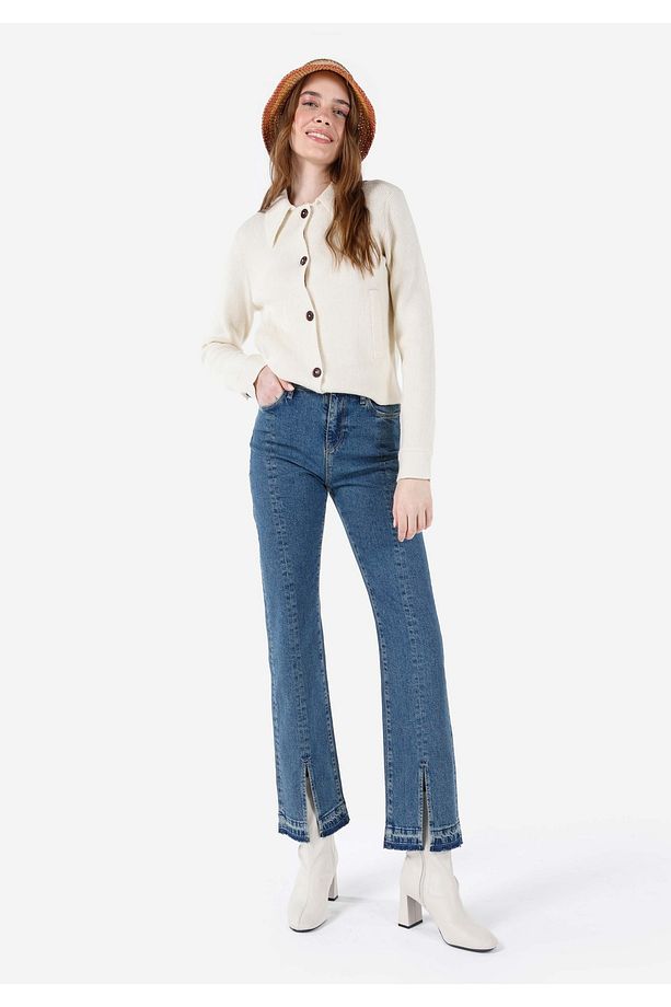 Regular Fit Yüksek Bel Yırtmaçlı Paça Kadın İndigo Jean Pantolon - 1