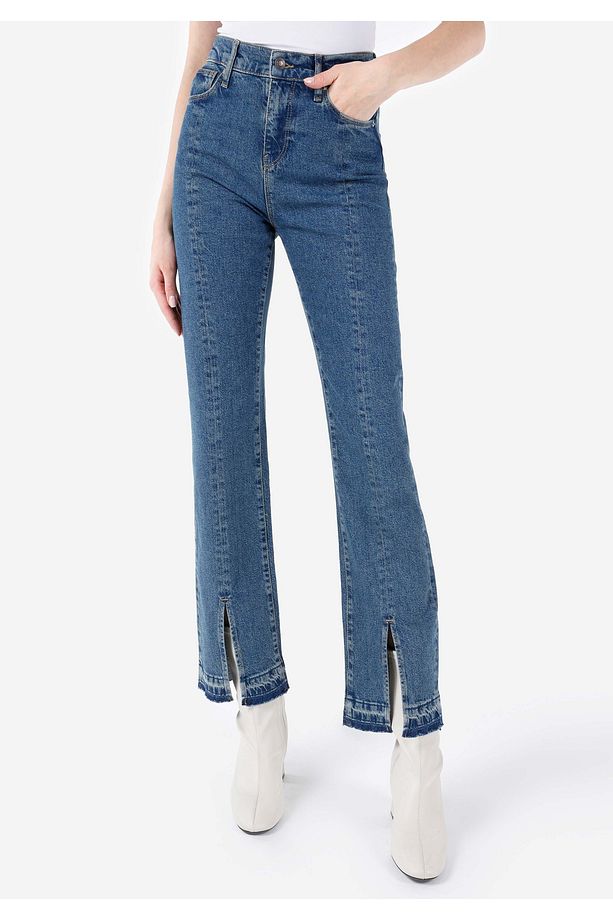 Regular Fit Yüksek Bel Yırtmaçlı Paça Kadın İndigo Jean Pantolon - 4