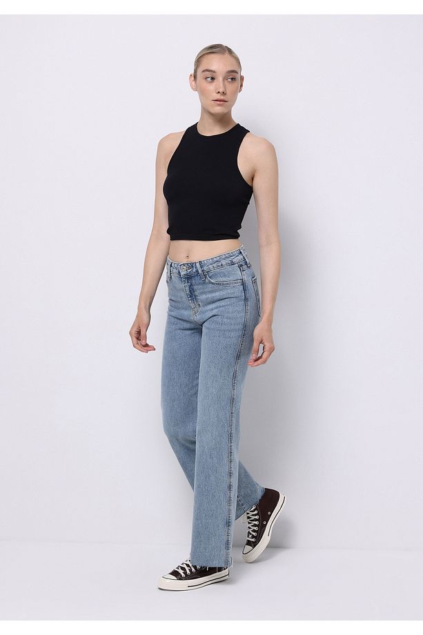Regular Fit Yüksek Bel Geniş Paça Kadın Koyu İndigo Jean Pantolon - 3