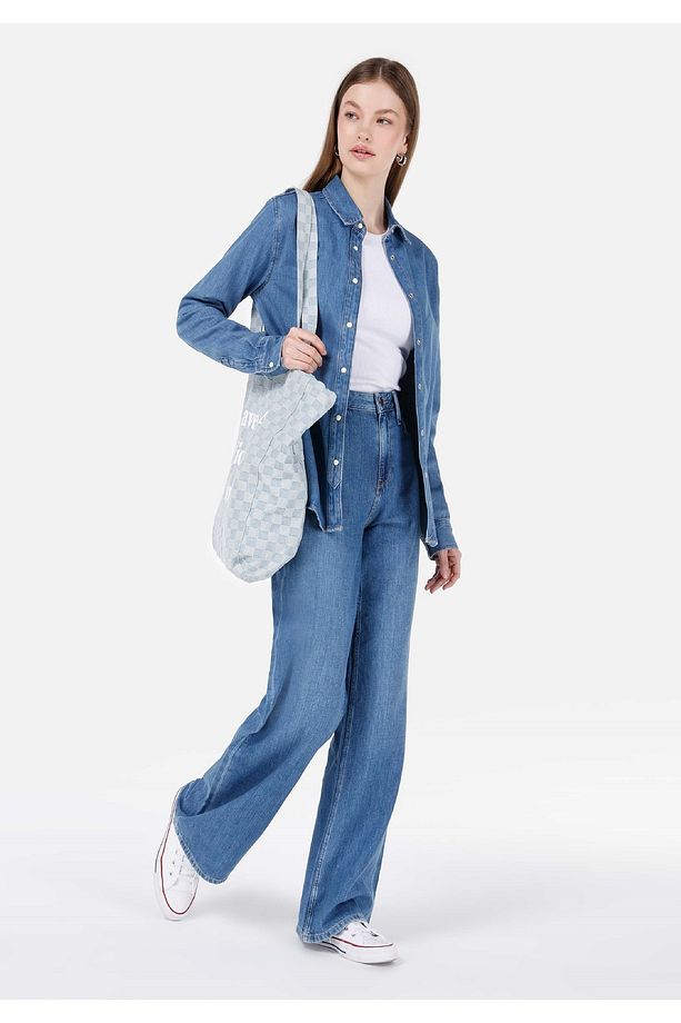 Regular Fit Yüksek Bel Geniş Paça Kadın İndigo Jean Pantolon - 3