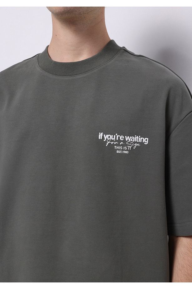 Oversize Fit Yuvarlak Yaka Düz Erkek Yeşil Kısa Kol Tişört - 5
