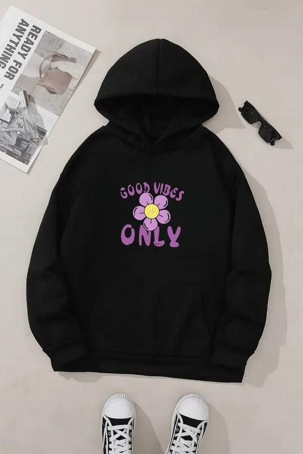 Unisex Black Hooded Sweatshirt – Good Vibes Only Printed, Thick Fabric with Hood