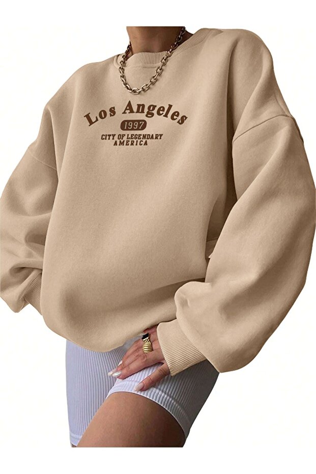 Los Angeles 1997 Sweatshirt - Beige Printed Oversize Winter Thick Cycling Yala