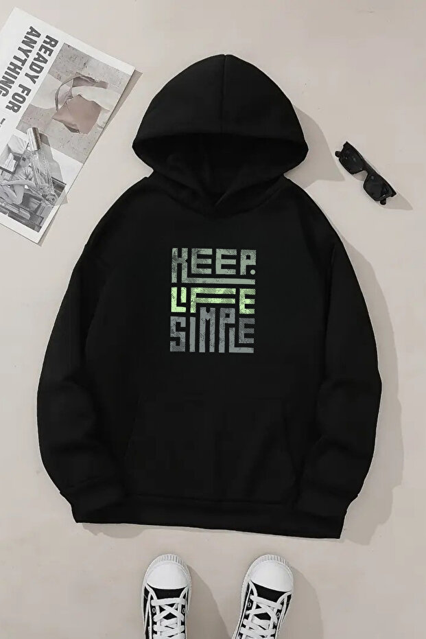 Unisex Black Hooded Sweatshirt – Keep Life Simple Printed, Thick Fabric with Hood