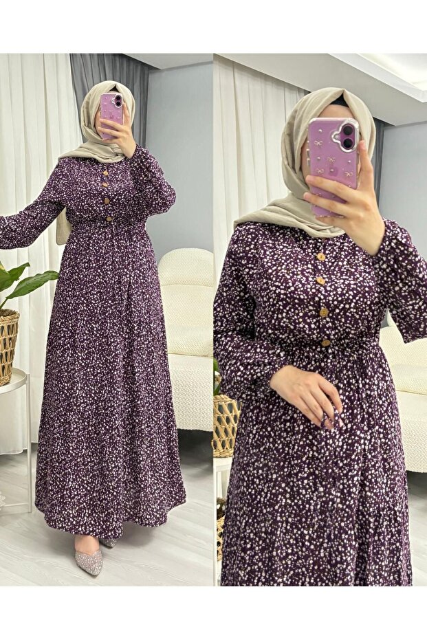 DÜĞMELİ VİSKON ELBİSE - 1