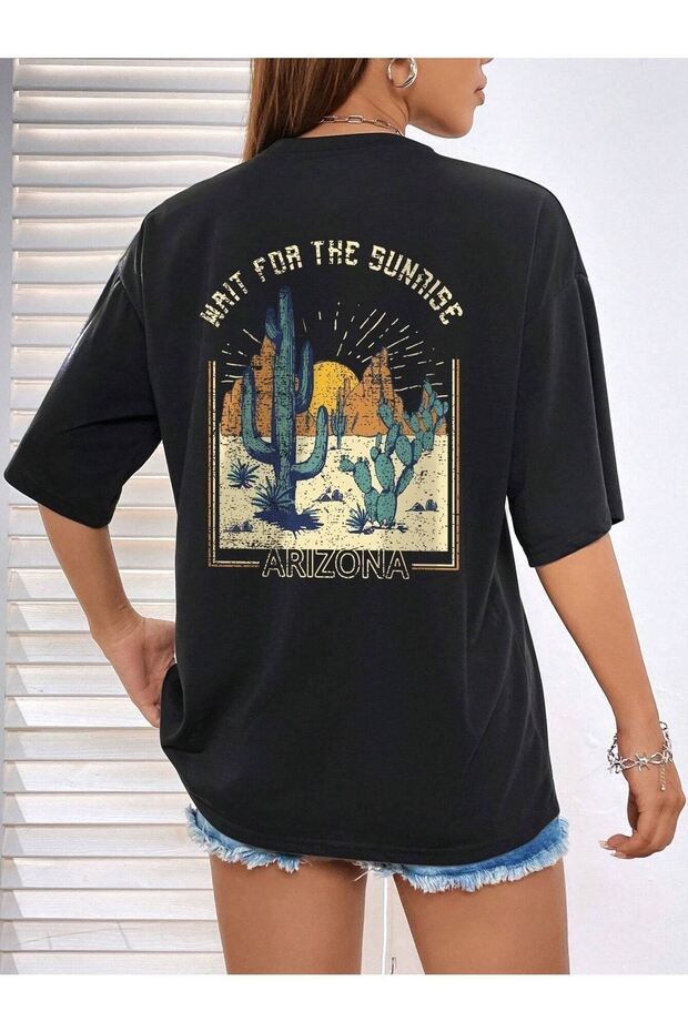 Arizona Sunrise T-shirt - Black Oversize Printed Crew Neck