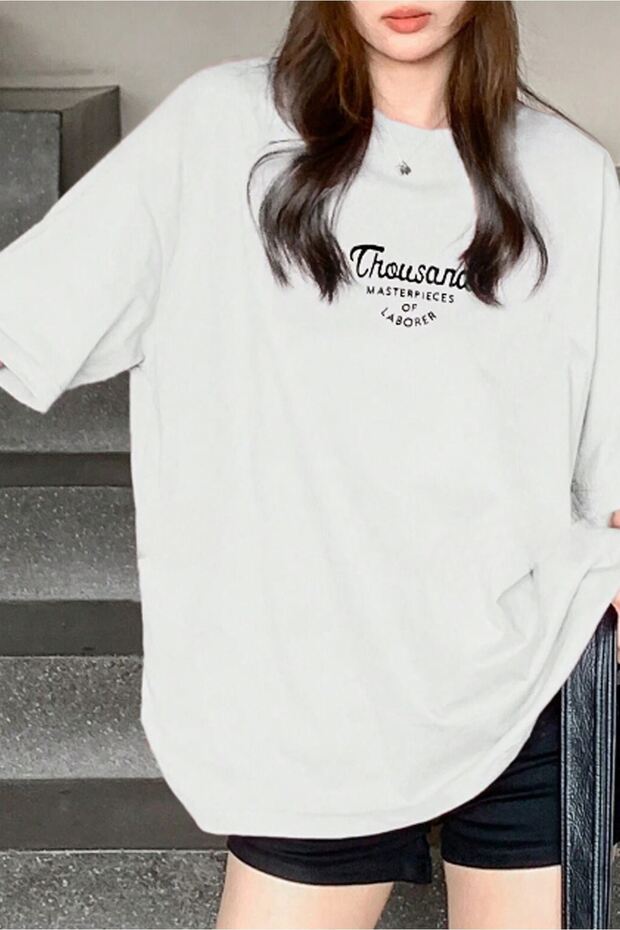Thousand Single Jersey T-Shirt - White Printed Oversized Crew Neck Short Sleeve T-Shirt